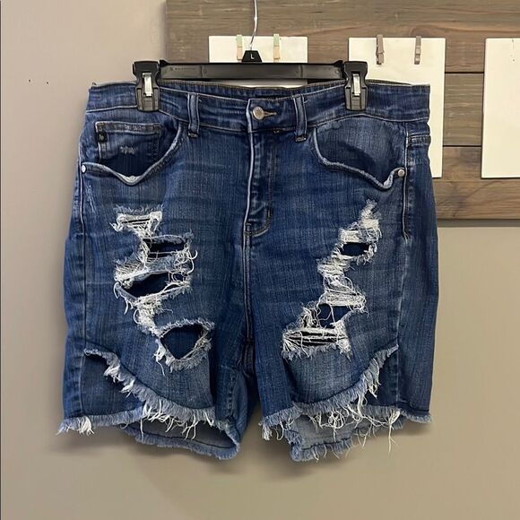Judy Blue Button Zip Criss Cross Distressed Denim High Waist Women's Shorts 2XL - Picture 1 of 15